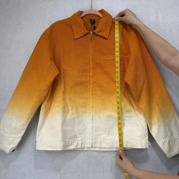 FLAN Jacket Mens Large Orange White Ombre Dip Dye Zip Front Work Chore Cotton